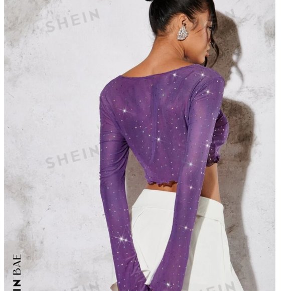 SHEIN BAE Lettuce Trim Flounce Sleeve Crop Sequin Mesh Top - Picture 3 of 7